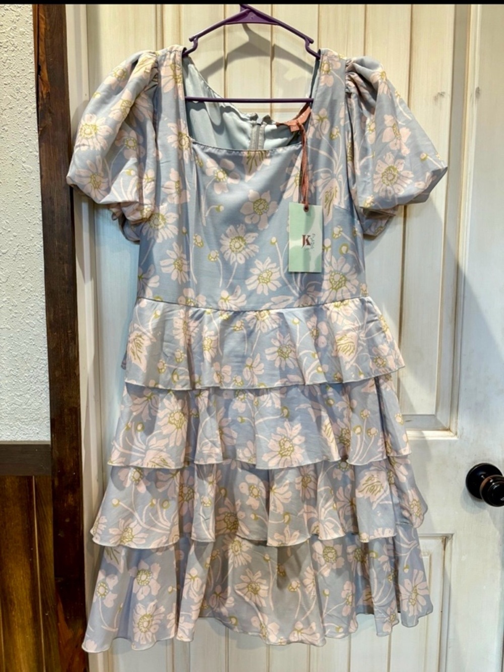 JessaKae Pastel Blue Floral Tiered Puff-Sleeve Dress